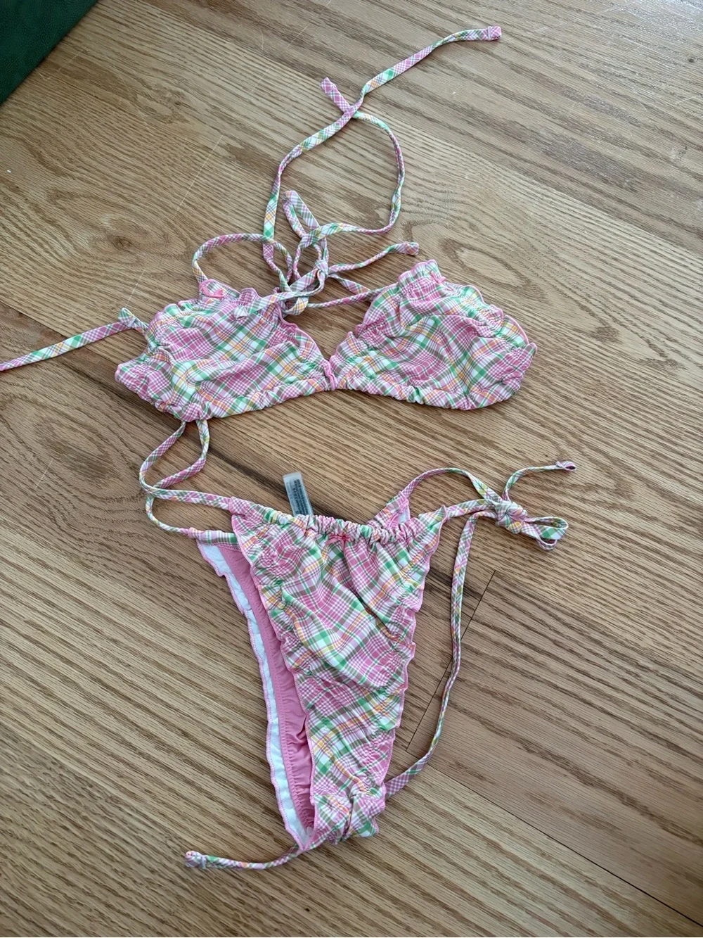 Frankie's Bikinis Pink Plaid Triangle String Bikini